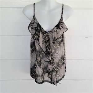 Misope Women's Gray Floral Top Ruffle Front Semi Sheer Size Small